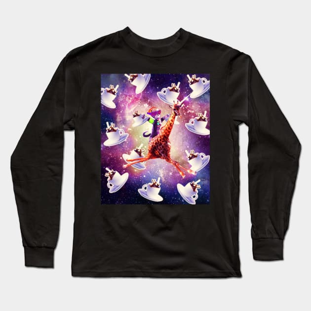 Rave Space Cat On Giraffe Unicorn - Coffee Long Sleeve T-Shirt by Random Galaxy